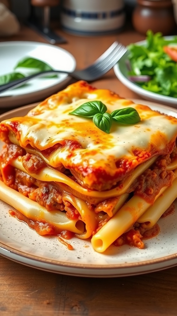 Cheesy Baked Ziti with Ground Beef A cheesy baked ziti with ground beef, garnished with basil, served on a rustic table.